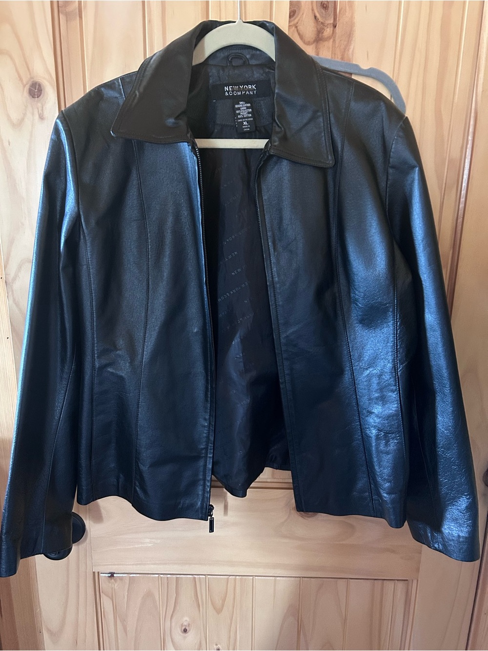 New York & Company Black Leather Zip Jacket with Classic Collar